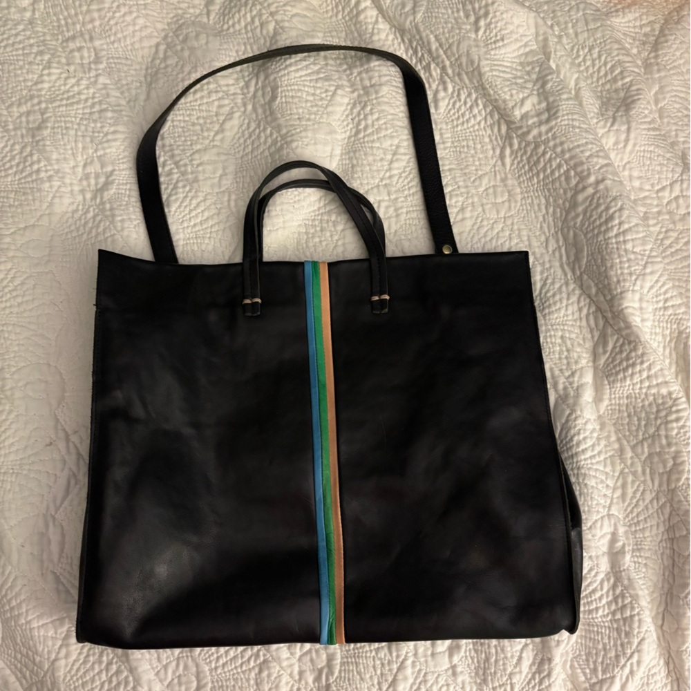 Clare V Black Tote with Multicolor Stripe